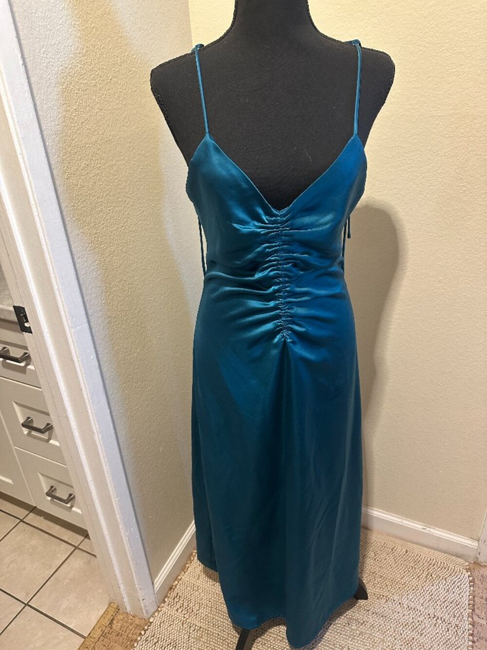 Jason Wu Collection Teal Silk Satin Ruched Slip Maxi Dress Open Back Size S